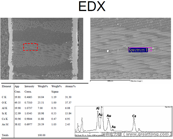 ACF(Conductive Anodic Filament，導墊性細絲物，陽極性玻璃纖維絲漏電現象)。用EDX打出來Au(金)的元素介于通孔與盲孔之間第一個位置。