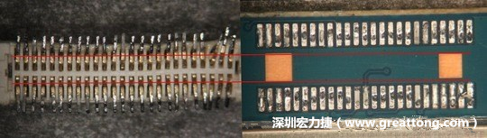 把板對板連接器與其電路板的佈線焊墊作一個比較，端子的切斷面有毛邊的地方剛好對到了裸銅區。