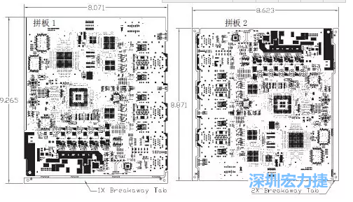 如圖7所示是使用不同數(shù)量邊條的拼板，拼板1僅使用了一個邊條，直接利用PCB另一邊作為SMT工藝傳送邊，并且PCB圖形中有合適的安裝孔；而拼板2則是按常規(guī)設計了兩個邊條。拼板方式為連接筋。圖中“Breakaway Tab”指邊條-深圳宏力捷