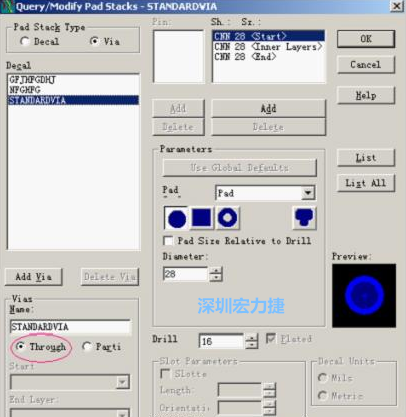 分析文件完成后，點擊菜單Setup→Pad Stacks調出焊盤堆設置窗口，將Pad Stack Type改為Via