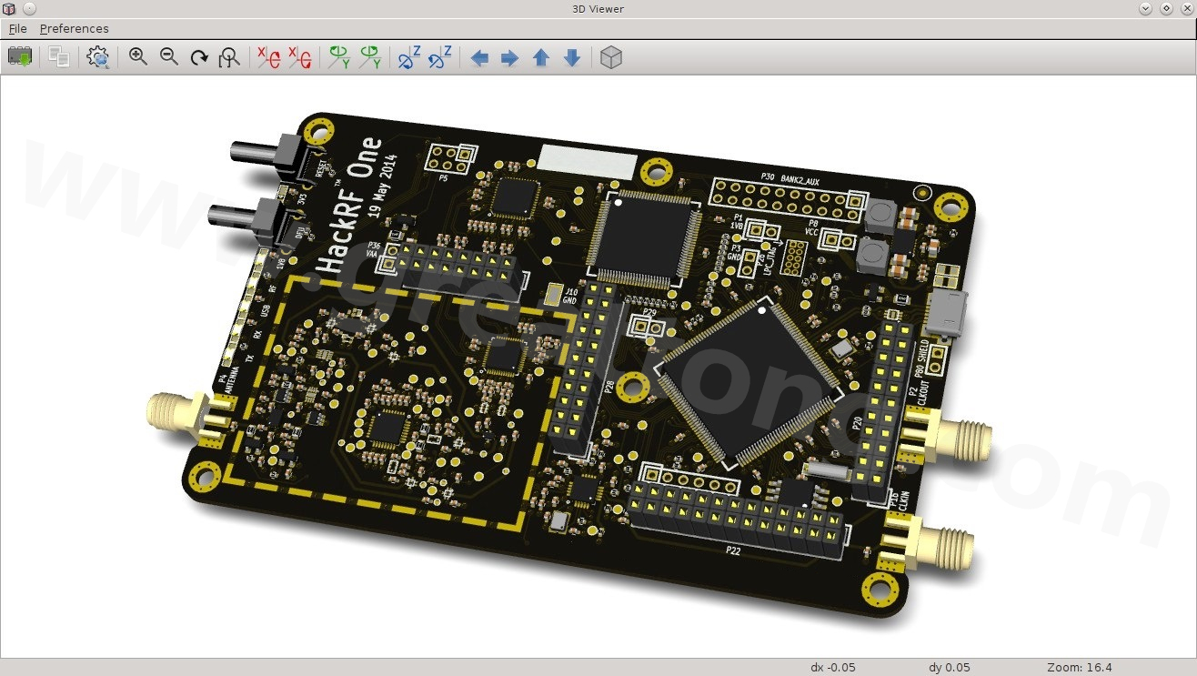 經KiCad軟體3D功能渲染過的HackRF One電路板。