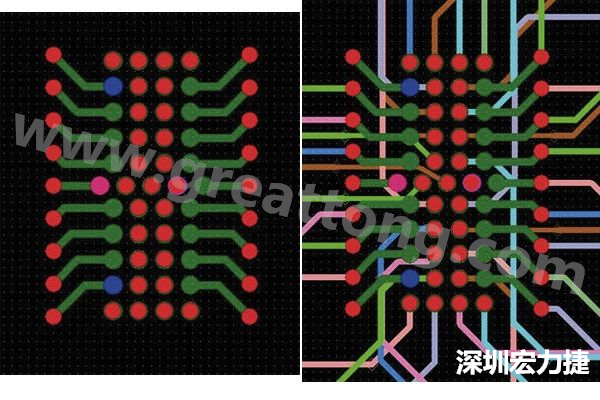 圖7：焊盤內(nèi)過孔用于內(nèi)部，而外部接腳在0.5mm閘格上扇出。圖7a顯示的是頂層(左)；圖7b顯示頂層和內(nèi)部布線層(右)。