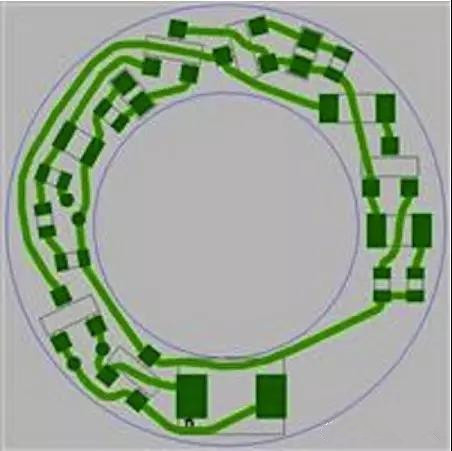 圖6：PCB布線例子：(a)拓撲式自動布線器(完成了100%導線的布線)；